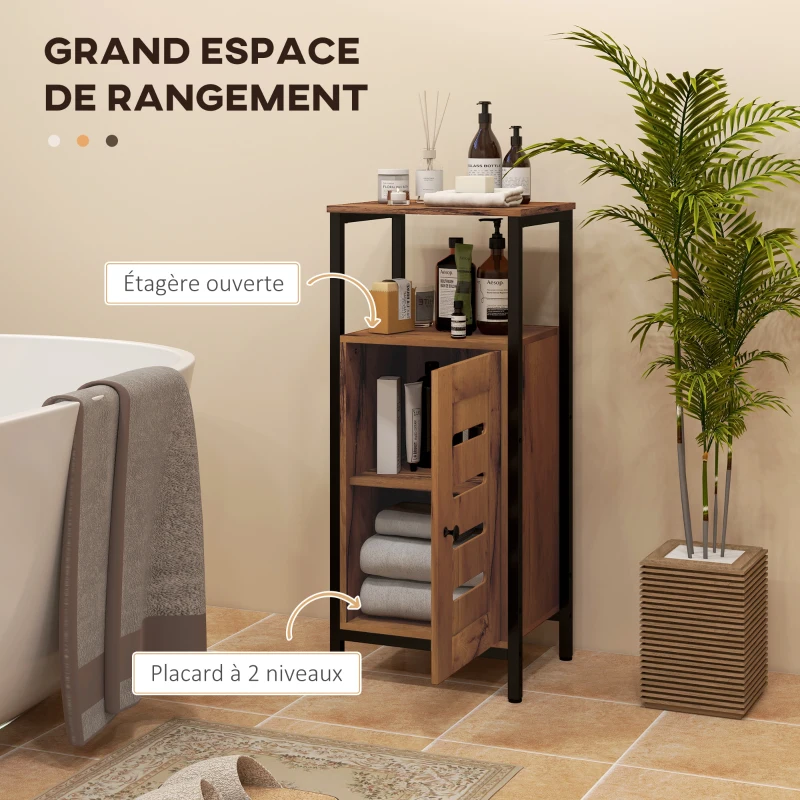 kleankin Bathroom base cabinet with slatted door steel frame open niche 37 x 30 x 85 cm rustic brown