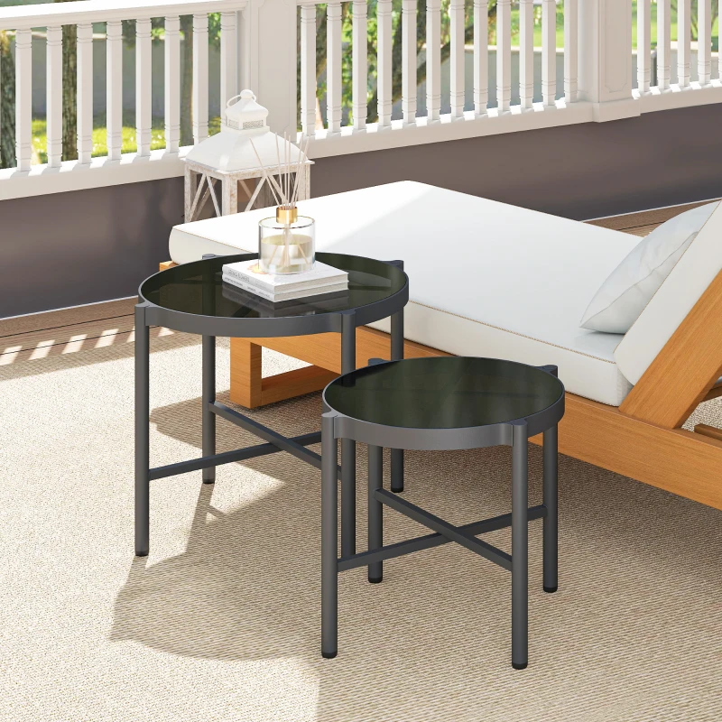 Outsunny Set of 2 Nesting Garden Coffee Tables with Tempered Glass Top, Black Aluminum Frame