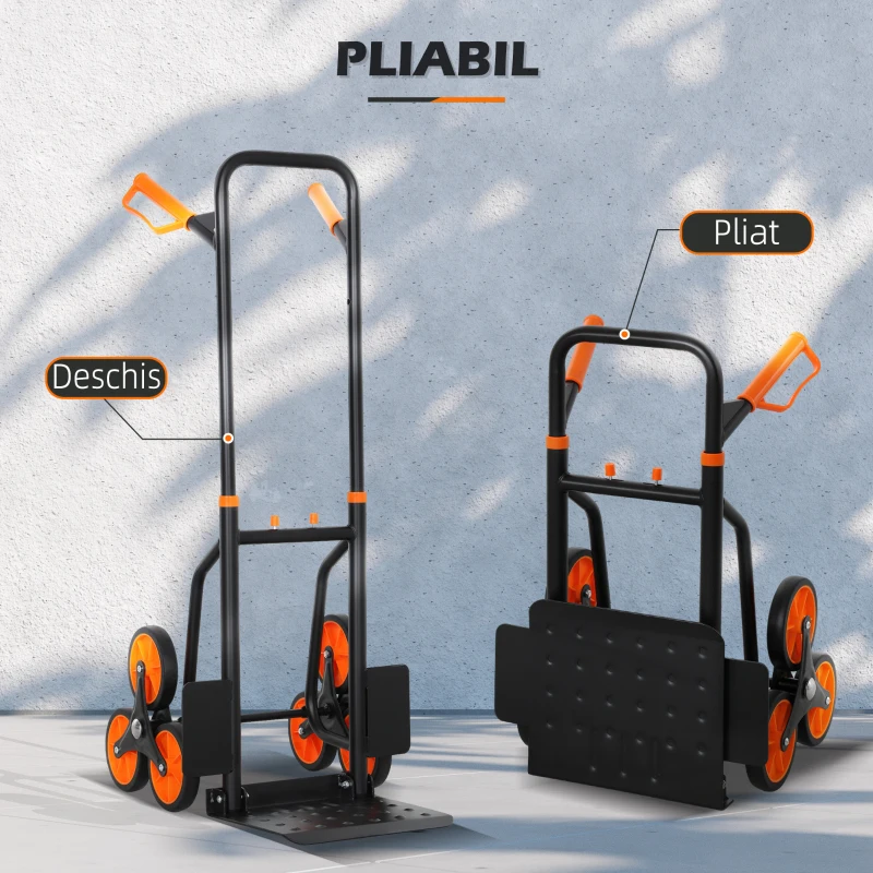 DURHAND Cărucior de Transport pentru Scări cu 6 Roți, Pliabil, Capacitate 120kg, Cadru din Oțel, Mâner PP, pentru Mutări, Grădinărit, Obiecte Grele, Portocaliu