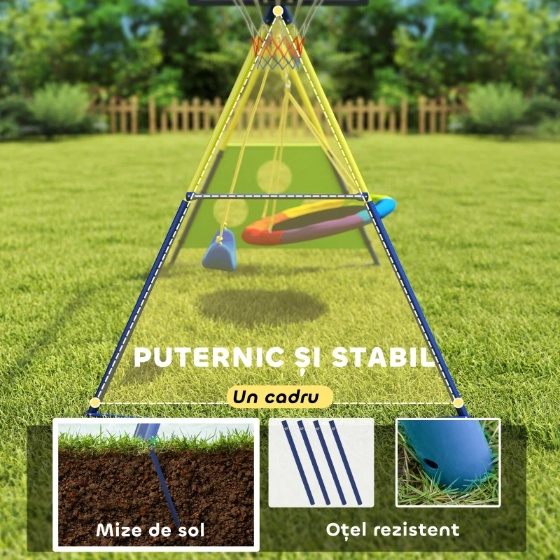 AIYAPLAY Set de Leagăne 4-în-1 pentru Copii, cu 2 Leagăne, Coș de Baschet, Poartă de Fotbal, Cadru din Oțel în Formă de A, Capacitate 150 kg, pentru Exterior, 3-8 Ani, 288x160x220 cm