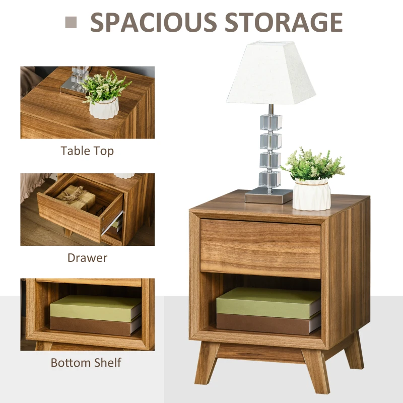 HOMCOM Modern Bedside Table Nightstand, Living Room End Table, Side Table with Drawer and Shelf, Walnut Brown