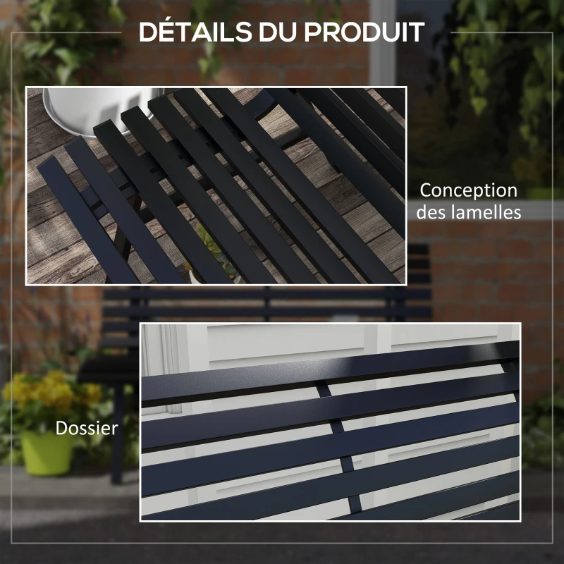 Outsunny Outdoor garden bench 2-Seater Slatted Seat and Back, aluminium, dim. 123L x 67l x 79H cm, Black