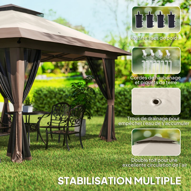 Outsunny Pop-up Folding Garden Gazebo Double Roof UV50+ Protection with 4 Zippered Mosquito Nets 4 x 4 m Beige