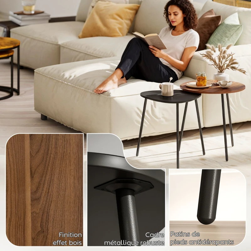 HOMCOM Set of 2 nesting coffee tables, contemporary metal frame side tables, round and triangular, walnut and black