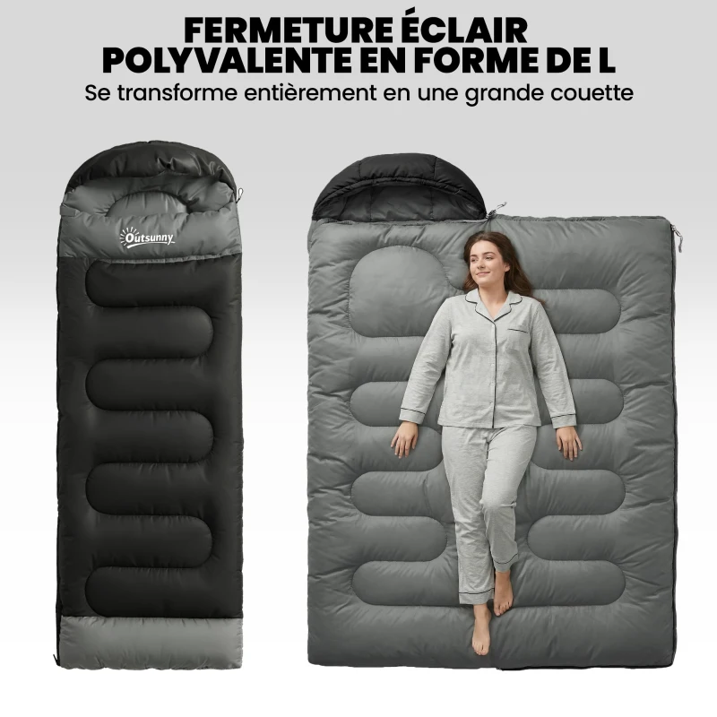 Outsunny Sac de Couchage Adulte, avec Section Tête, Fermeture Éclair et Sac de Rangement, 300 g/m², 215x75x10cm, Noir