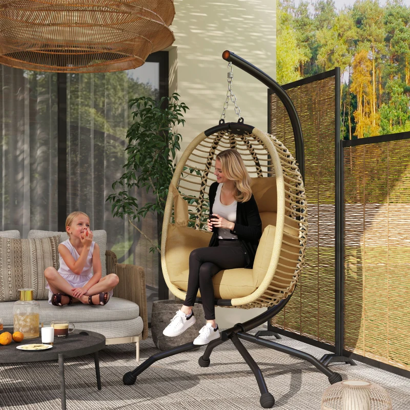 Outsunny Hanging egg chair foldable swing with cushion and stand indoor outdoor 110 x 100 x 188 cm beige