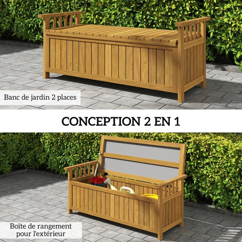 Outsunny 2-Seater Wooden Garden Bench with 151L Storage Outdoor Bench with Armrests 128.5 x 56 x 53.5 cm Brown