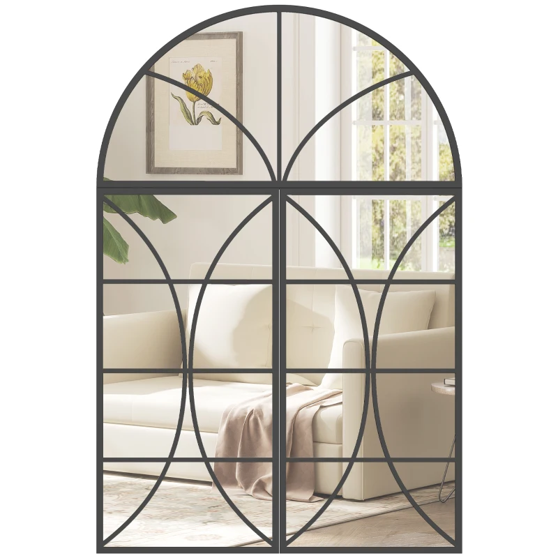 HOMCOM Espejo mural arqueado 80 x 120 cm, juego de 3 piezas, espejo tipo ventana, vidrio templado y metal, negro
