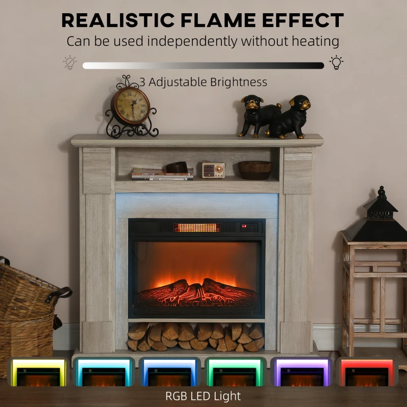 HOMCOM Șemineu Electric 1800W Reglabil cu Flacără 3D, Raft, Timer și Telecomandă, 105x27x97 cm, culoare Lemn