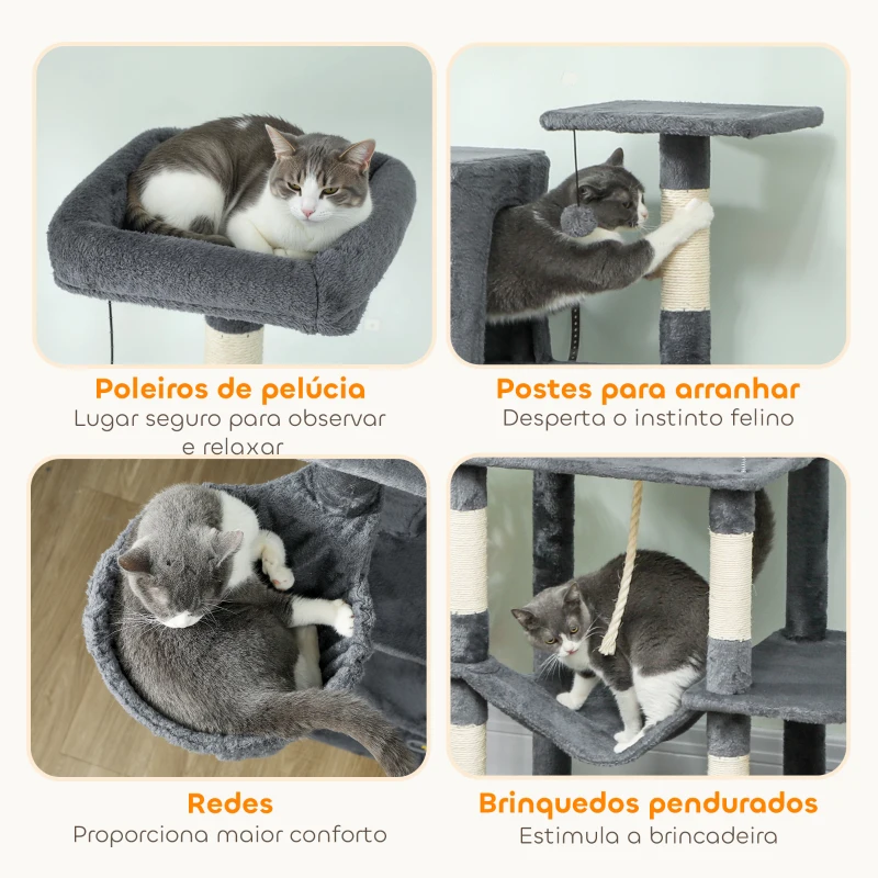 PawHut Arranhador para Gatos com Plataformas Plataformas Caverna Postes de Sisal Bolas e Corda para Brincar 60x48x202 cm Cinza