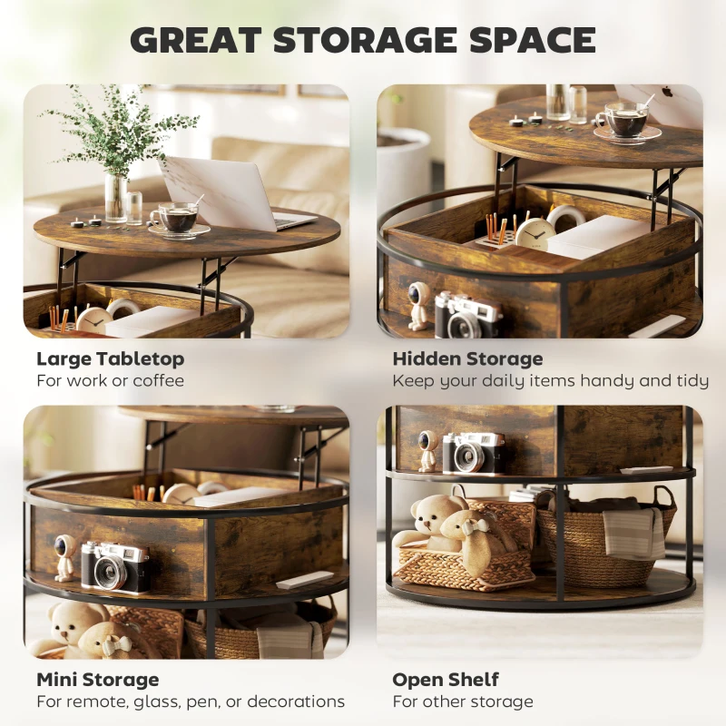 HOMCOM Lift Top Coffee Table, Round Coffee Table with Storage Shelf, Hidden Compartment and Steel Frame for Living Room, Home Office, Brown
