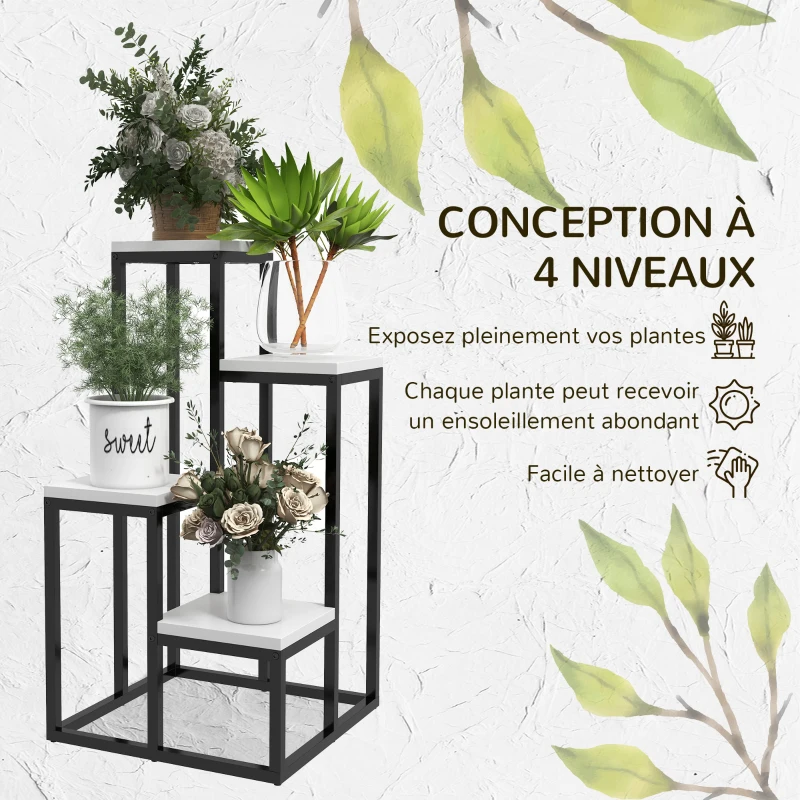Outsunny Plant Shelf Flower Rack Metal and Wood 4 Levels Different Heights Industrial Style 34 x 34 x 66 cm