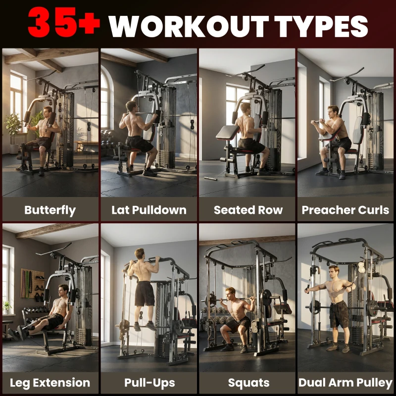 SPORTNOW Home Multi Gym Smith Machine with 65kg Weight Stack, Cable Pulley System, Chest Station, Preacher Pad & Leg Developer