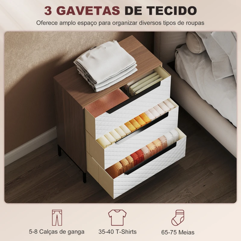 HOMCOM Cómoda com 3 Gavetas de Tecido Frentes com Padrão de Diamante Móvel de Arrumação 59,5x30x73,5 cm Madeira e Branco