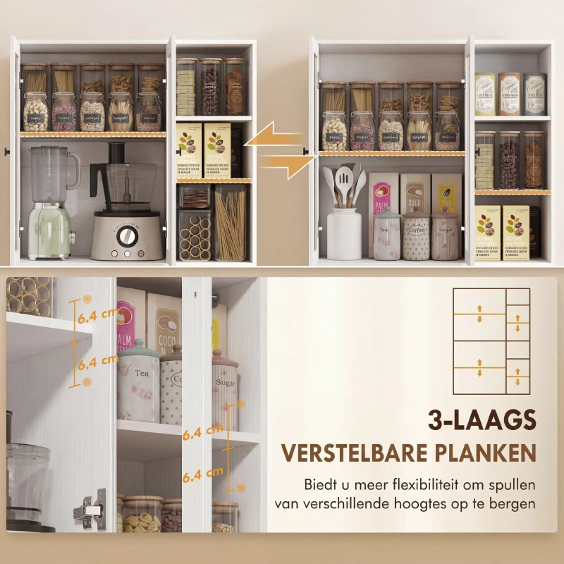 HOMCOM Keukenkast met glazen deuren, planken, open vakken, 172 cm hoog, MDF, Wit(m-5)