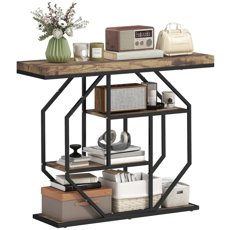 HOMCOM 4-Tier Industrial Console Table - Rustic Brown