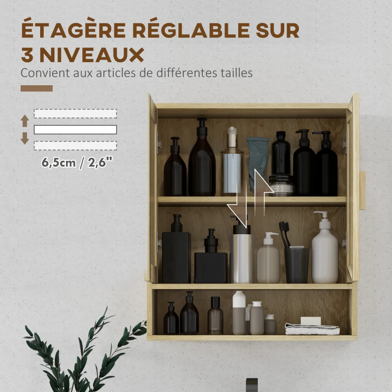 HOMCOM Bathroom Wall Cabinet Wall-Mounted WC Unit with Double Doors and Open Shelf 59 x 20 x 66.5 cm Oak Wood Effect