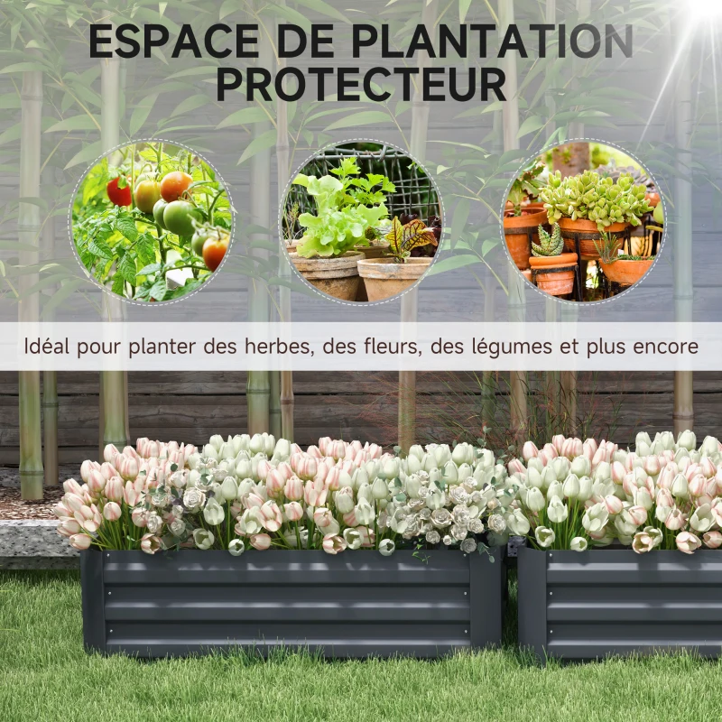 Outsunny Set of 2 Garden Raised Beds 100L x 50l x 30H cm - Gray Corrugated Steel Sheet