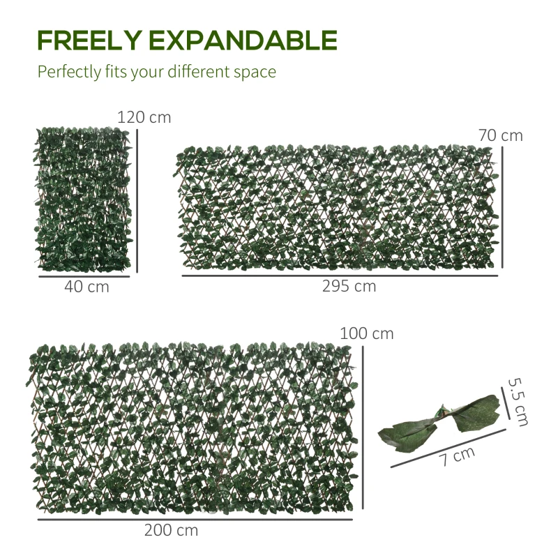 Outsunny Artificial leaf hedge wall privacy screen 2 panels adjustable length 295 x 70 cm expandable trellis in green PE