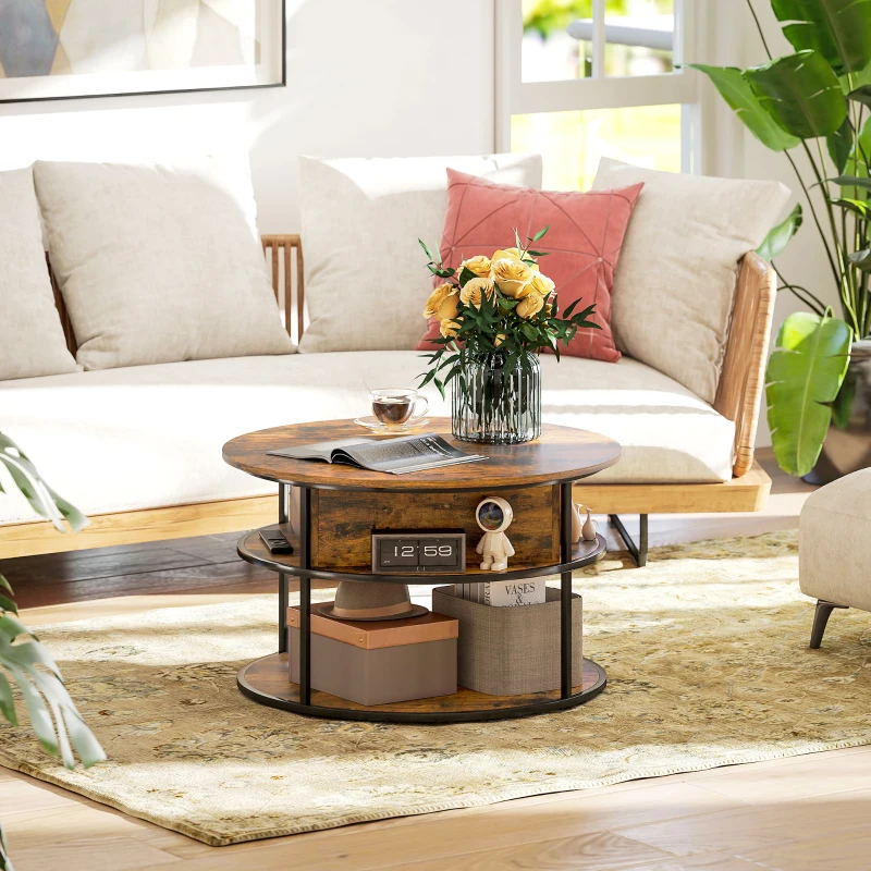 HOMCOM Lift Top Coffee Table, Round Coffee Table with Storage Shelf, Hidden Compartment and Steel Frame for Living Room, Home Office, Brown