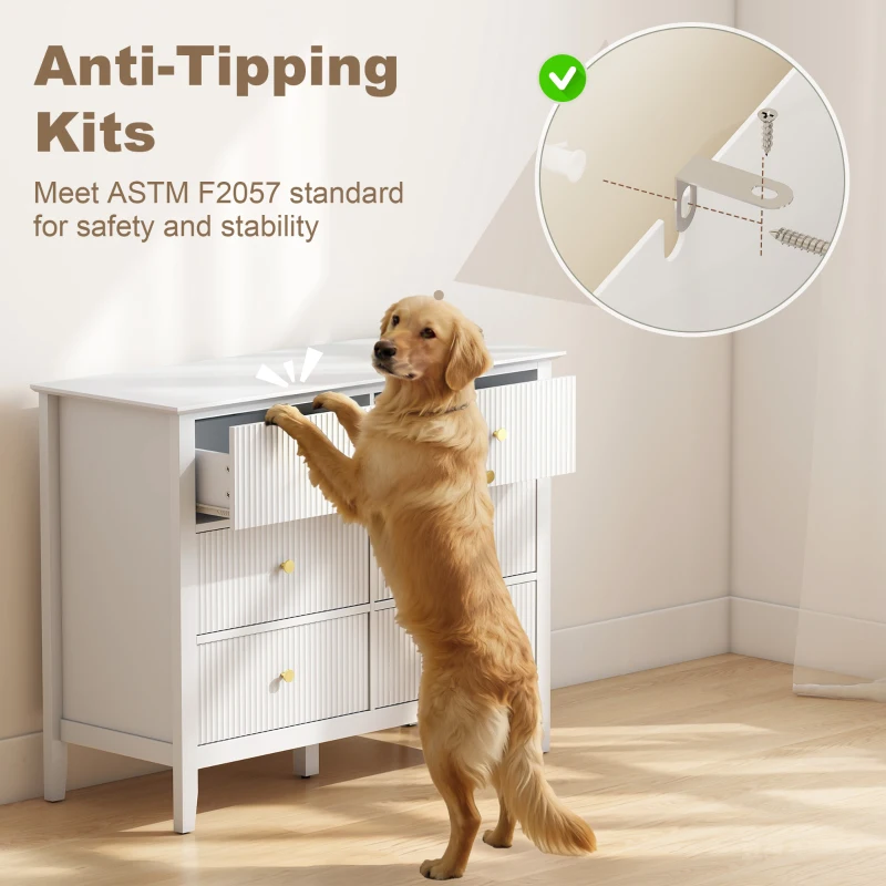 HOMCOM Fluted Dresser, 6 Drawer Chest of Drawers for Bedroom, Living Room, Hallway, Closet, White