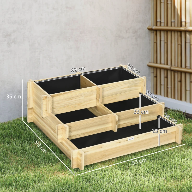Outsunny Solid Wood Garden Planter Box, 3-Tier Stepped Raised Planter, 93 x 93 x 35 cm, Natural Wood Effect