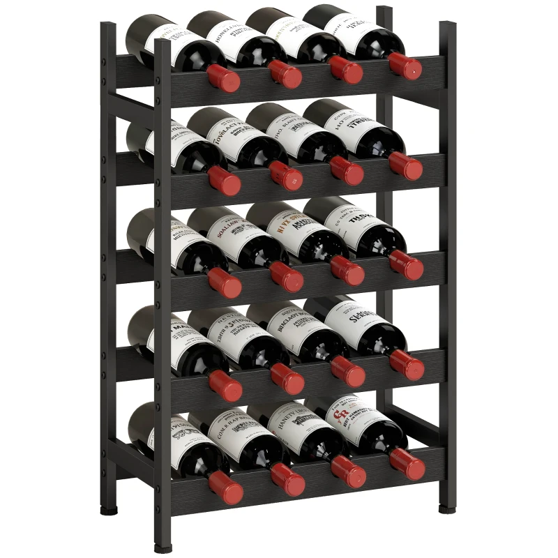 HOMCOM Wine Rack Freestanding Industrial Liquor Cabinet 5-Tier 20 Bottles Bar Stand with Adjustable Feet, Black