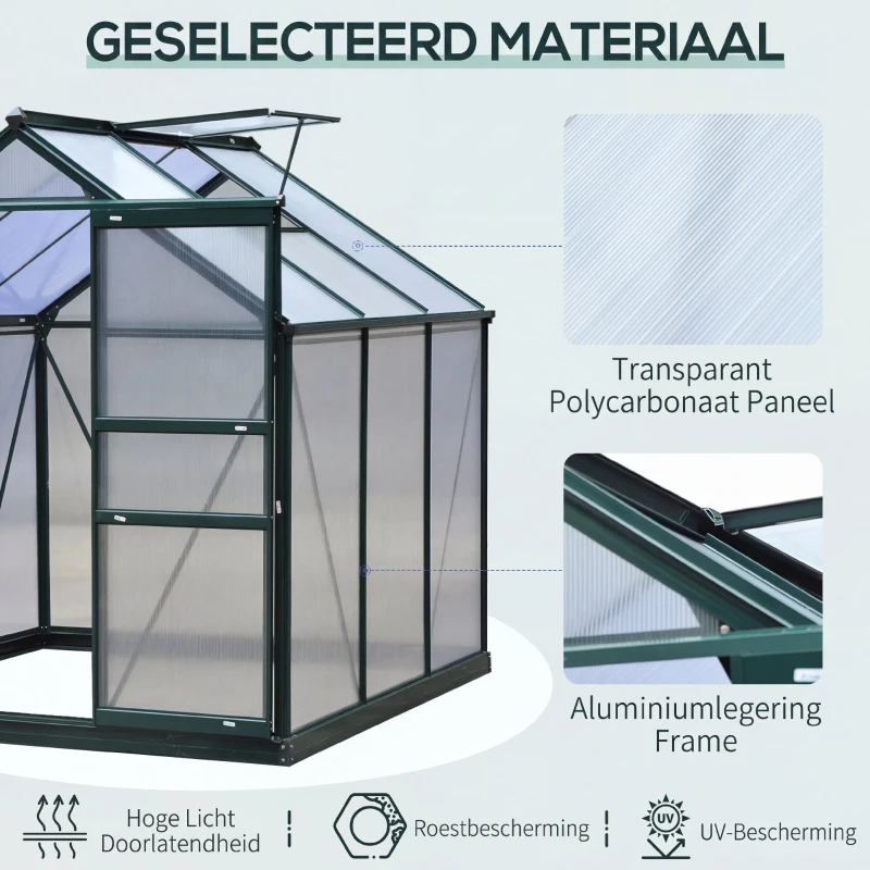 Outsunny aluminium kas met dakraam deur 190 x 192 x 201 cm, groen + transparant