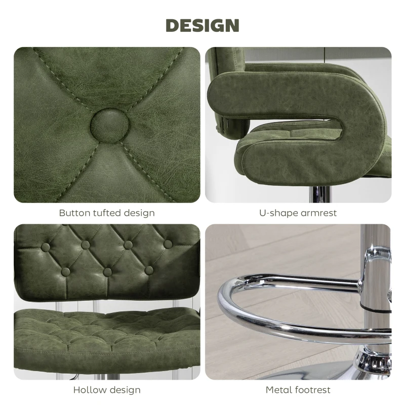 HOMCOM PU Leather Upholstered Swivel Bar Stool, Height Adjustable with Back, Armrest, Footrest, Green