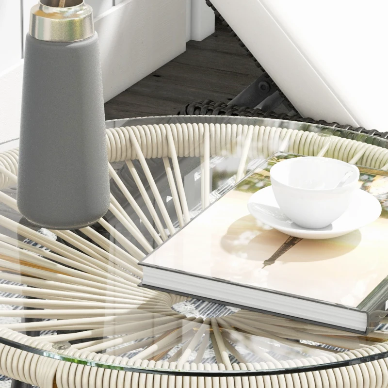 Outsunny Round Garden Coffee Table in Rattan-Effect Resin with Metal Frame and Tempered Glass Top Ø 50 x 50 cm Cream