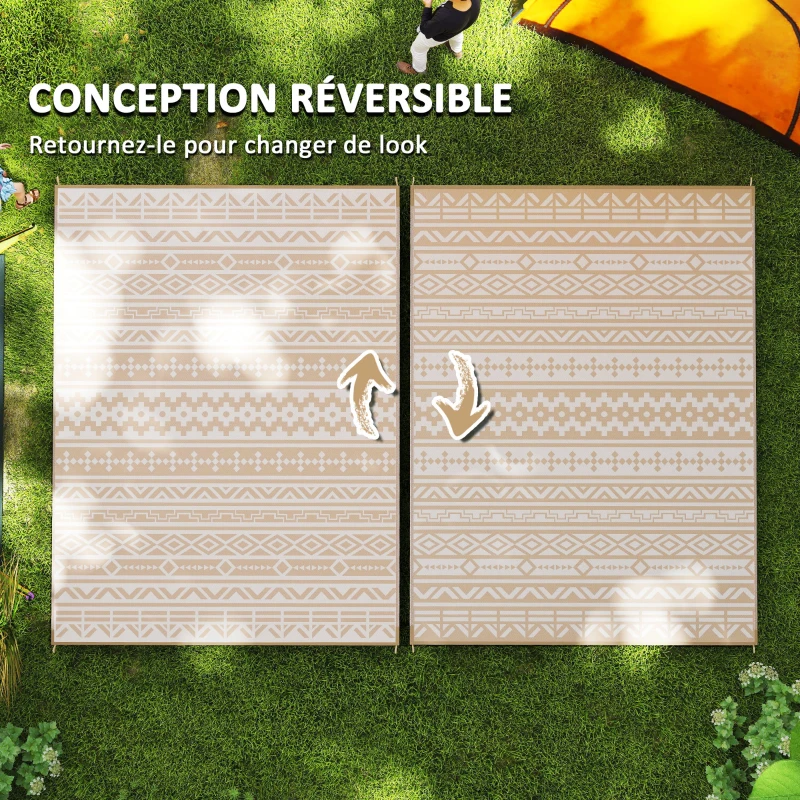 Outsunny Reversible Outdoor Rug 3.7 x 2.7 m, Geometric Wall-Pattern PP Floor Mat Carry Bag Khaki and Light Beige