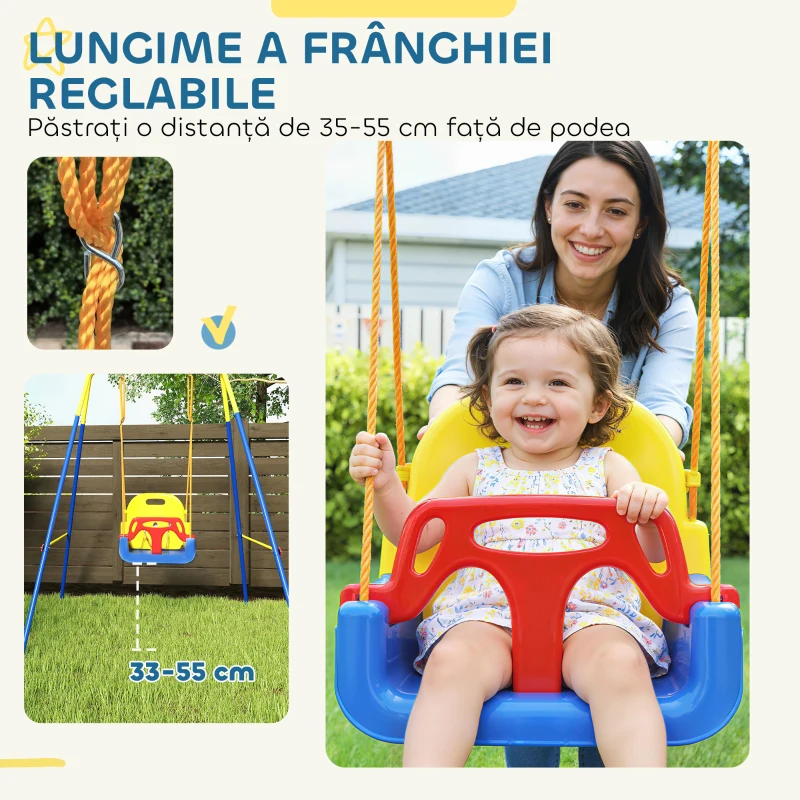 AIYAPLAY Leagăn de Grădină pentru Copii 3-în-1, Leagăn pentru Bebeluși Interior și Exterior, Înălțime Reglabilă, Cadru Pliabil din Oțel, Centură de Siguranță, Ușor de Montat, 9 Luni - 8 Ani, Albastru