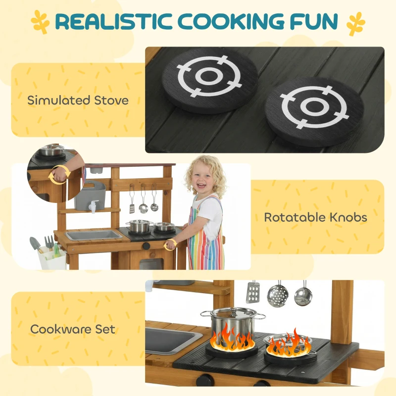 AIYAPLAY Wooden Mud Kitchen with Wheels, Stove, Faucet, Flower Pots, Stainless Steel Accessories for Toddlers 3-6, Brown