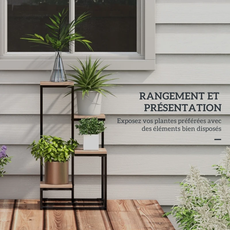 Outsunny Plant shelf Flower rack Metal and wood 4 levels with different heights Industrial style 40 x 40 x 75.5 cm