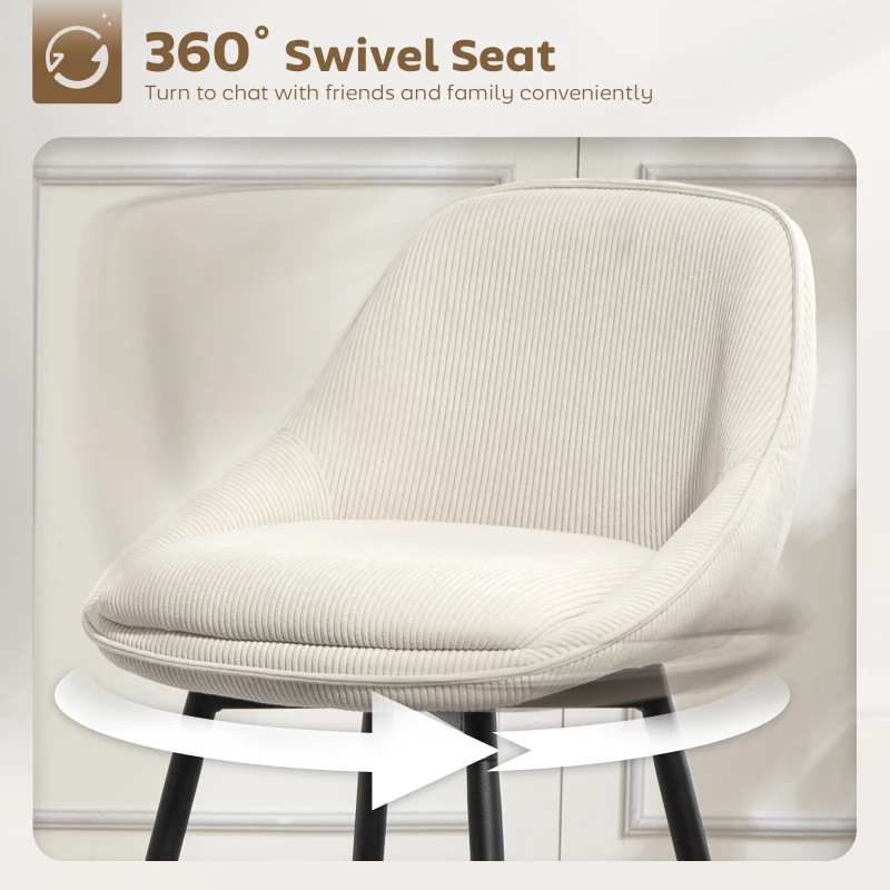 HOMCOM Zestaw 2 Hokerów ze Sztruksowym Wykończeniem i Stalowymi Nóżkami, Krzesła Tapicerowane do Kuchennej Wyspy, Jadalni, Kremowe