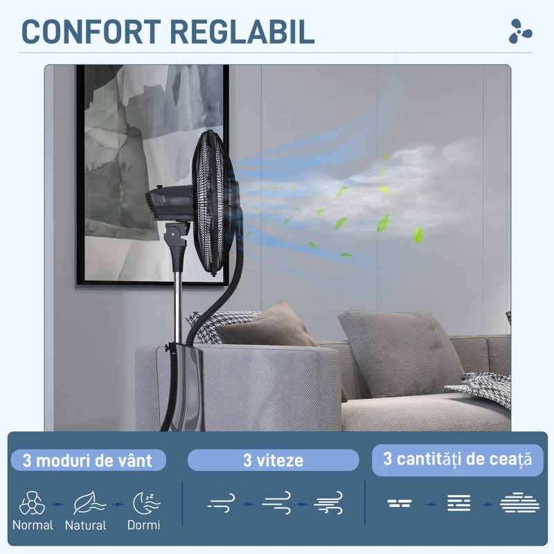 HOMCOM, Ventilator pe Picior, cu Pulverizare de Apă, Metal, ABS, 44.5 x 38.5 x 120 cm, Negru