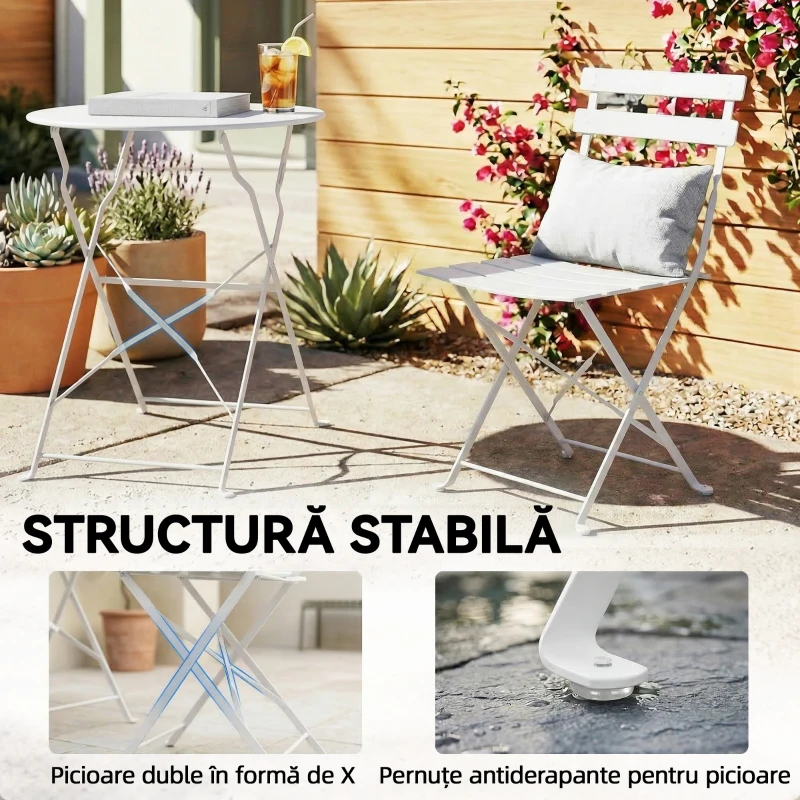 Outsunny Set Bistro Pliabil pentru Exterior cu Masă și 2 Scaune, Alb