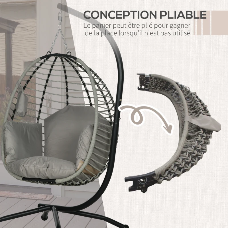 Outsunny Folding Hanging Egg Chair with Cushion and Stand Indoor Outdoor Metal Polypropylene Rope