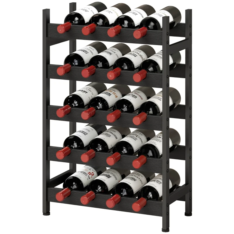 HOMCOM Wine Rack Freestanding Industrial Liquor Cabinet 5-Tier 20 Bottles Bar Stand with Adjustable Feet, Black