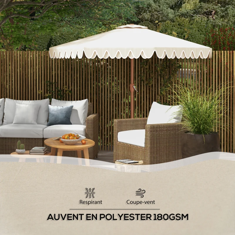 Outsunny Round Tilting Parasol Ø 264 cm with Frills High-Density Polyester UV-Resistant Fabric Removable Pole 8 Ribs - Cream