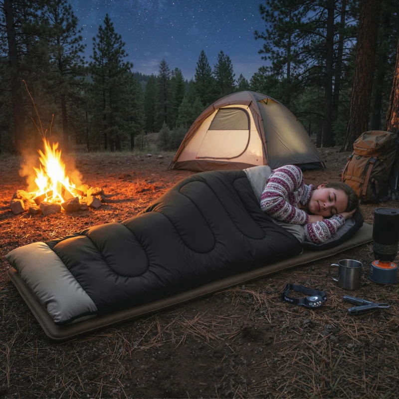 Outsunny Sac de Couchage Adulte, avec Section Tête, Fermeture Éclair et Sac de Rangement, 300 g/m², 215x75x10cm, Noir