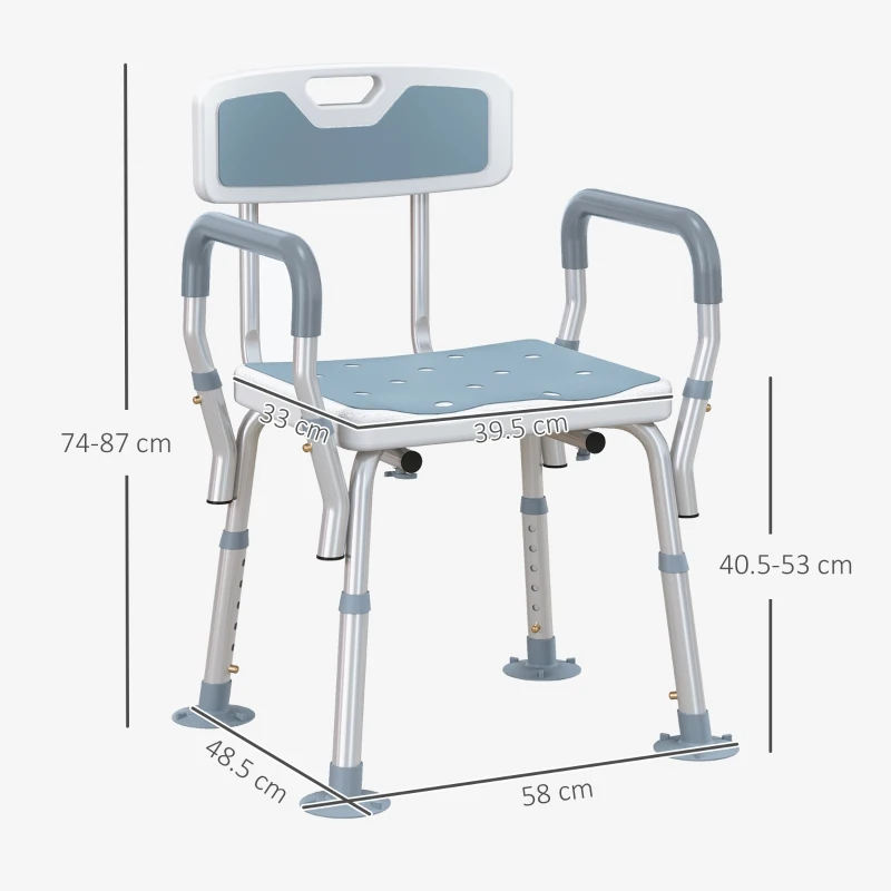 HOMCOM EVA Padded Shower Chair for the Elderly and Disabled, Height Adjustable Shower Stool with Back and Arms, 4 Suction Foot Pads, Light Blue