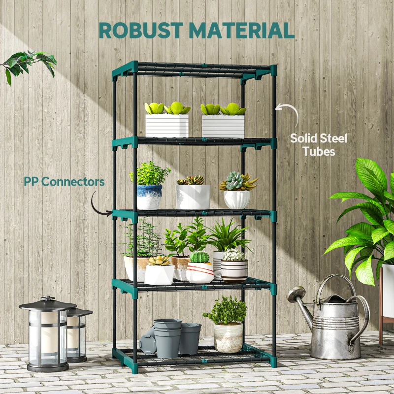 Outsunny 5-poziomowy stojak na rośliny, 138 cm wysoki regał na kwiaty, stalowy, ciemnozielony