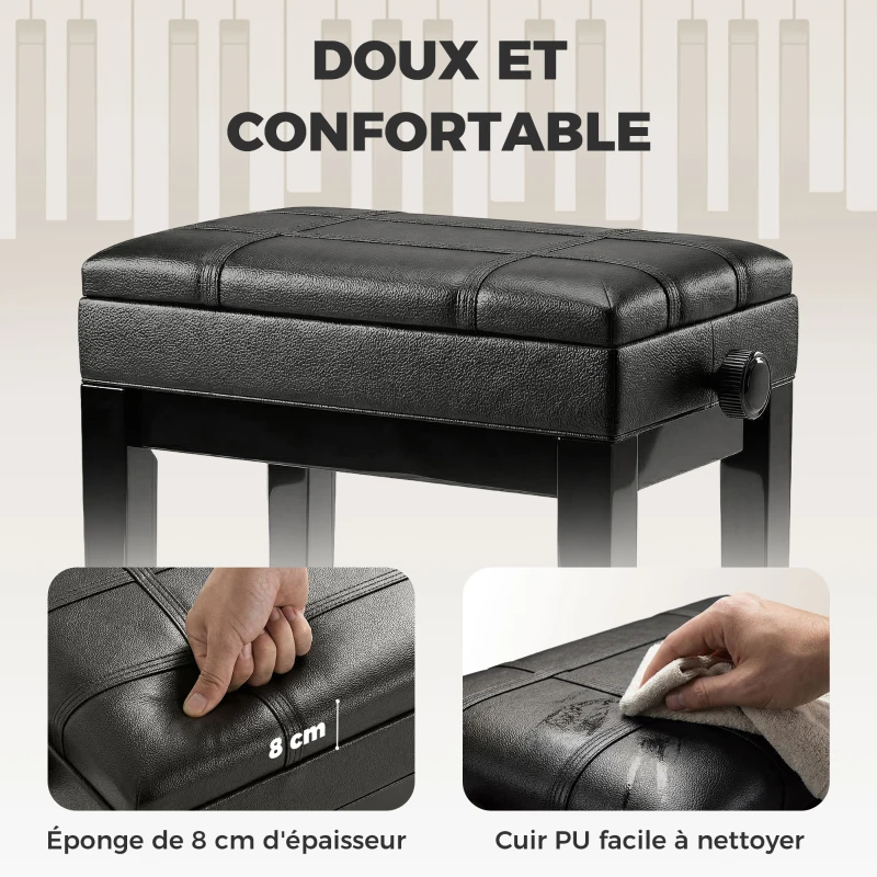 HOMCOM Banquette tabouret siège pour piano coffre intégré hauteur réglable bois hévéa assise revêtement synthétique noir