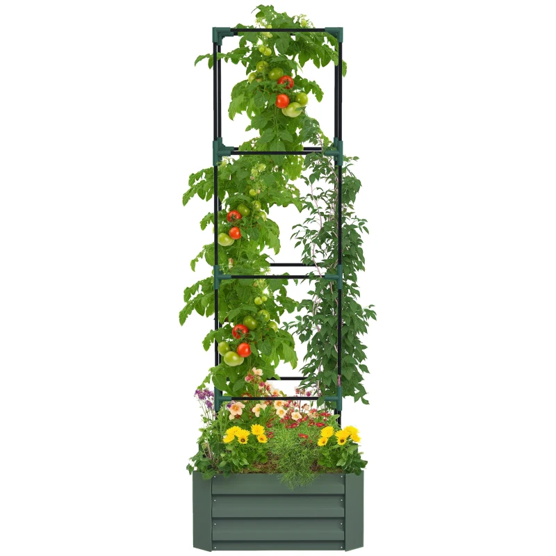 Outsunny Planter with Adjustable Trellis, Flower Box with Tomato Cage Galvanized Steel 61 x 61 x 187 cm Green