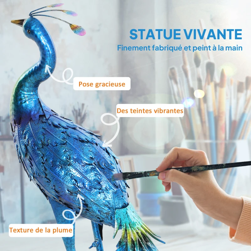 Outsunny Garden peacock statue outdoor garden decoration in metal weather-resistant 40 x 43 x 83 cm multicolor