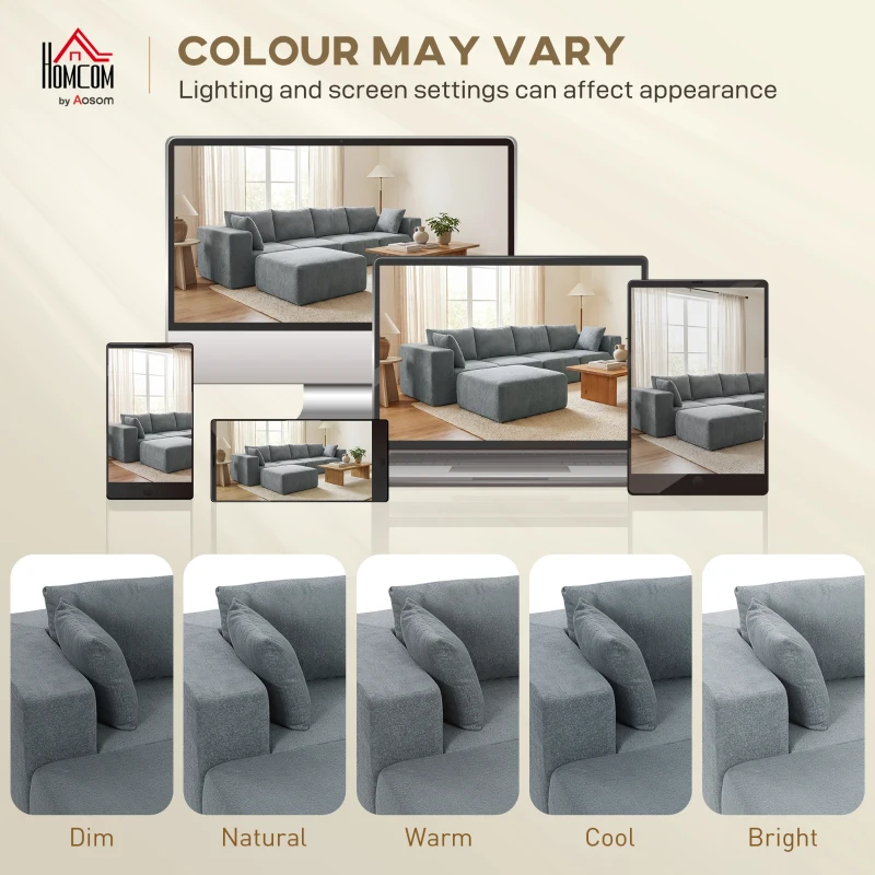 HOMCOM Modułowa narożna sofa, sofa w kształcie U z szerokimi i głębokimi siedziskami, 2 pufy, ciemnoszara