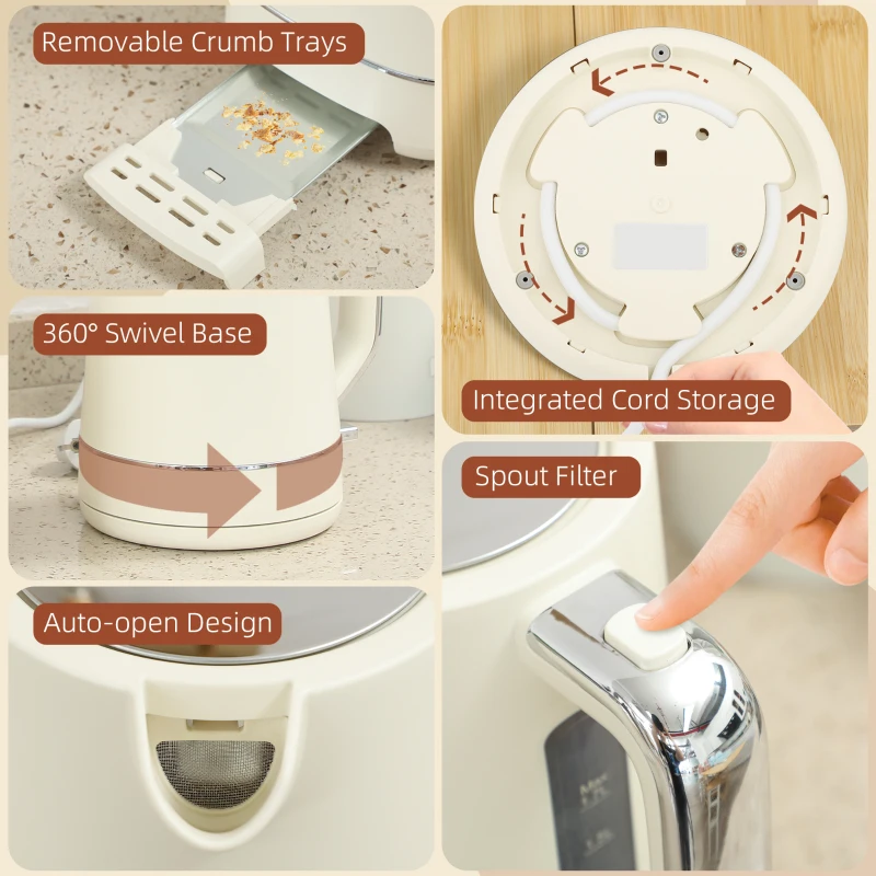 HOMCOM Zestaw z 1,7 L Czajnikiem i Tosterem z 6 stopniami opiekania, Beżowy