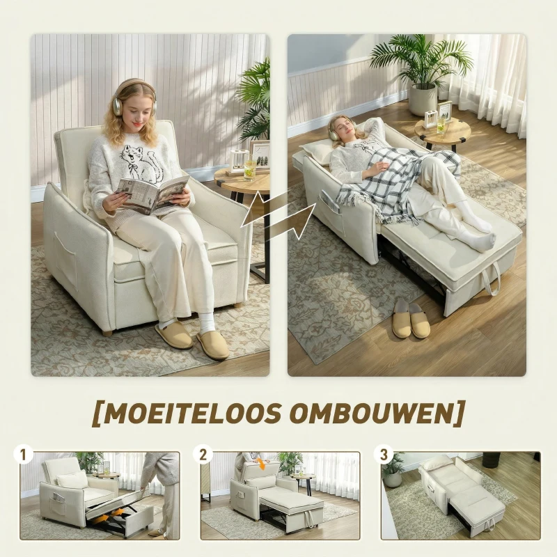 HOMCOM Slaapfauteuil 3-in-1 omvormbare fauteuil met bedfunctie, lendenkussen, voor woonkamer crèmewit