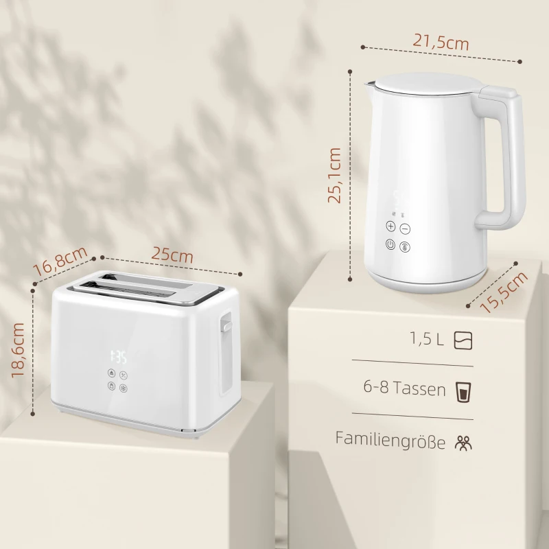 HOMCOM zestaw czajnik i toster ze stali nierdzewnej, czajnik 1,5 l 2200W z automatycznym wyłączaniem, funkcja podtrzymywania ciepła 40-100°C, toster na 2 kromki z 7 poziomami opiekania, funkcja rozmrażania, podgrzewania i wyświetlacz LED, biały